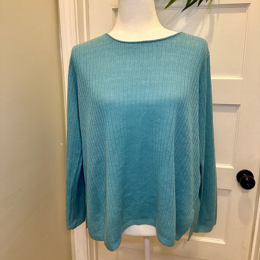 Eileen Fisher Teal Blue Crew Neck Lightweight Pullover Sweater RN78121 Sz Medium